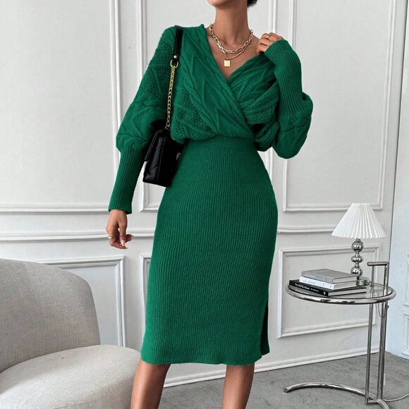 Green Elegant Women's Batwing Sleeve Split Hem Wrap Sweater Dress - Picture 1 of 7